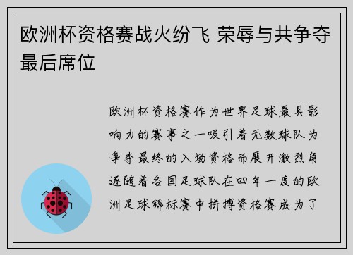 欧洲杯资格赛战火纷飞 荣辱与共争夺最后席位 欧洲杯资格赛战火纷飞 荣辱与共争夺最后席位