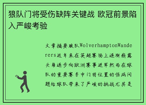 狼队门将受伤缺阵关键战 欧冠前景陷入严峻考验 狼队门将受伤缺阵关键战 欧冠前景陷入严峻考验