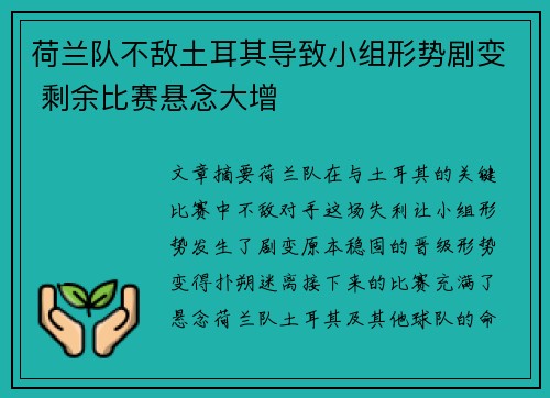 荷兰队不敌土耳其导致小组形势剧变 剩余比赛悬念大增 荷兰队不敌土耳其导致小组形势剧变 剩余比赛悬念大增